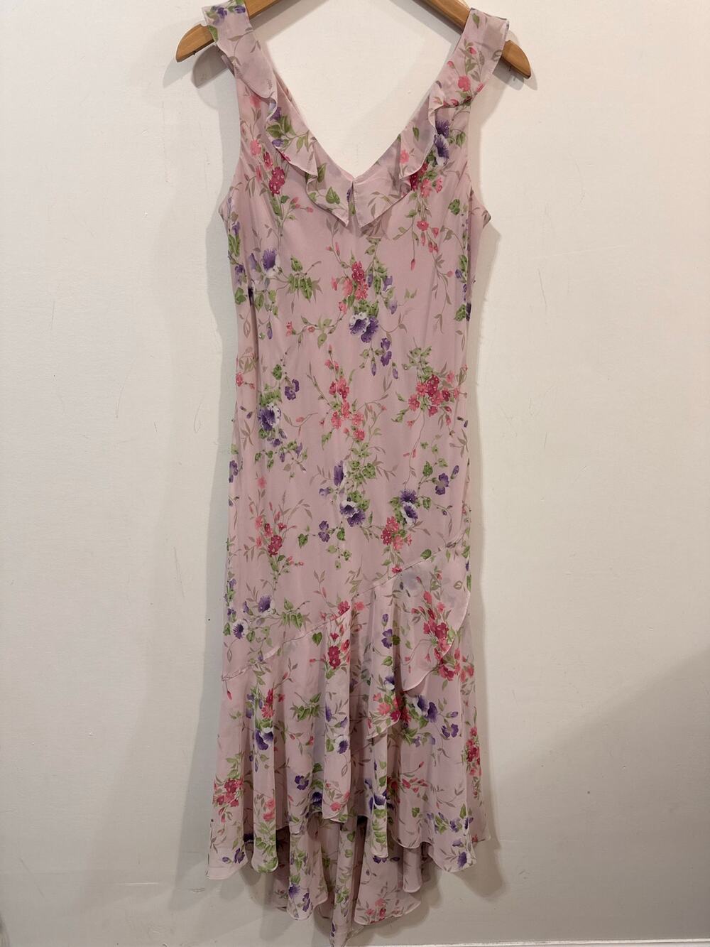 Alex Evenings Petite Blush Pink Floral Ruffle Hem Sleeveless Midi Dress Size 12P